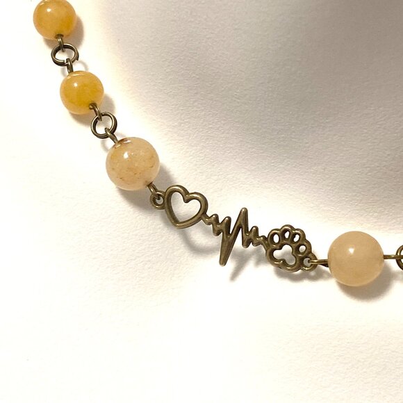 Genuine Yellow Aventurine Short Necklace, Bronze Paw Print Heart Beat + Gemstone - Picture 1 of 16